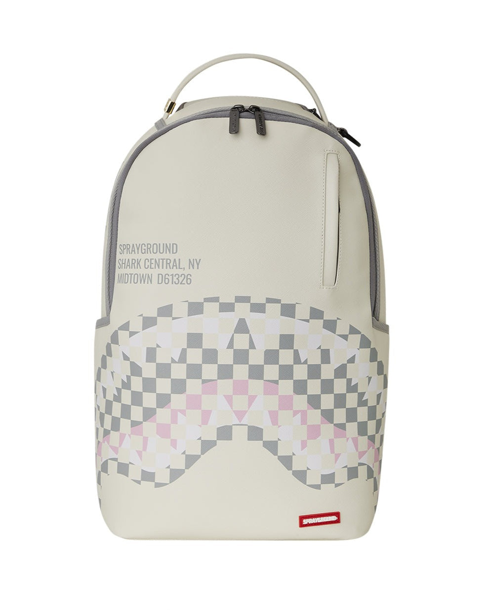 Backpack with geometric pattern and branding on a white background