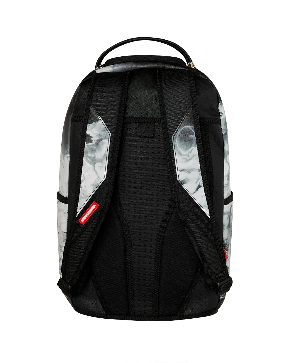 Black backpack with white geometric pattern on a white background