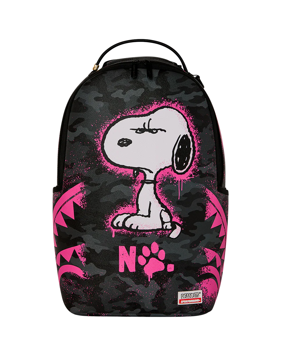Backpack with a design of a dog and pink text on a black background