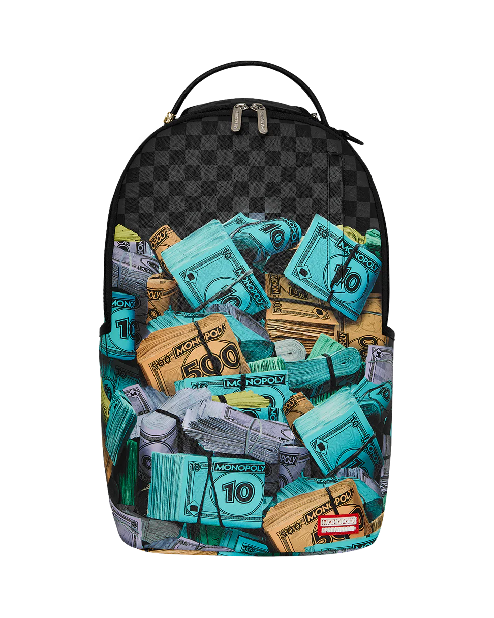 Backpack with money-themed design on a white background
