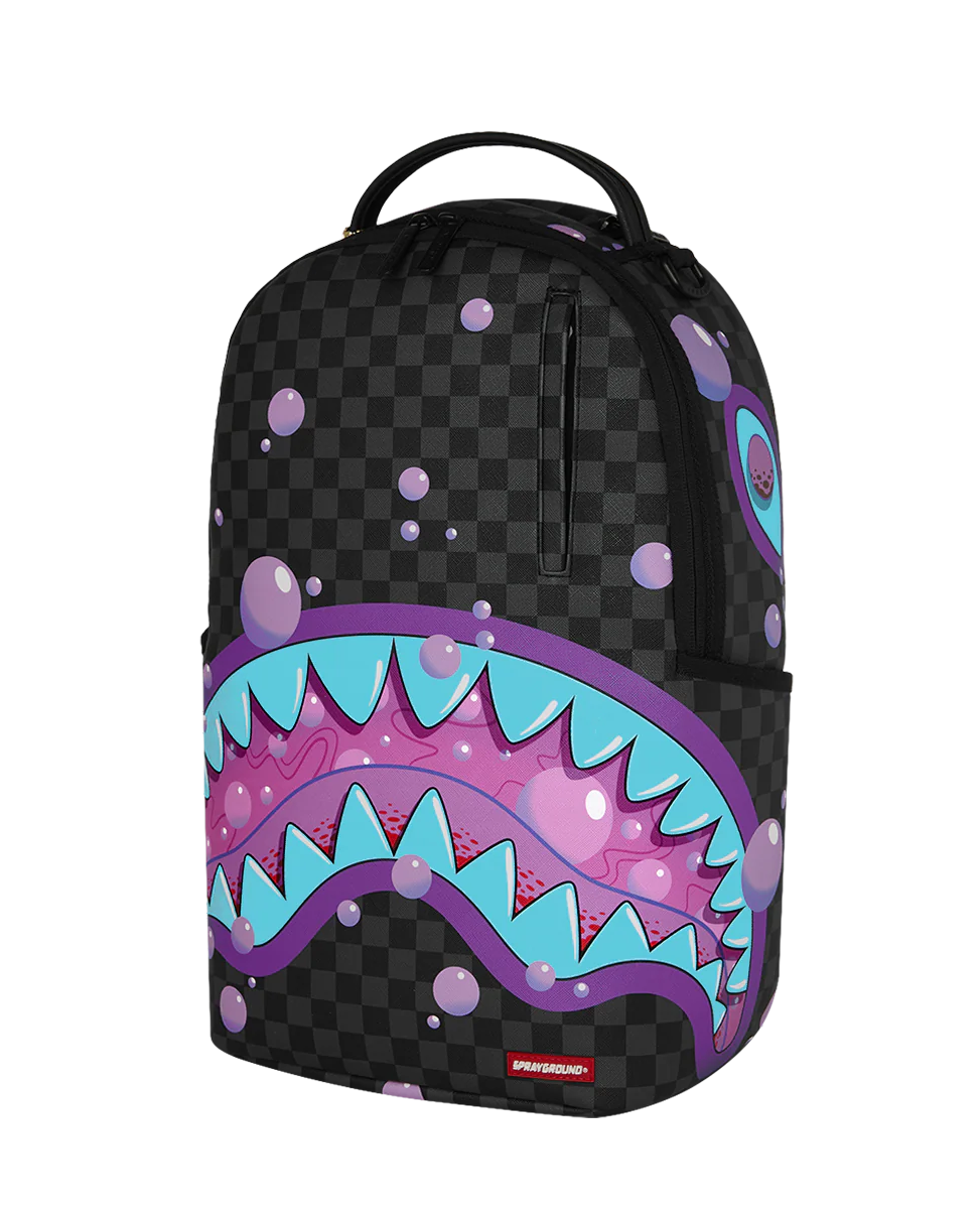 Backpack with shark mouth design and checkered pattern on a white background