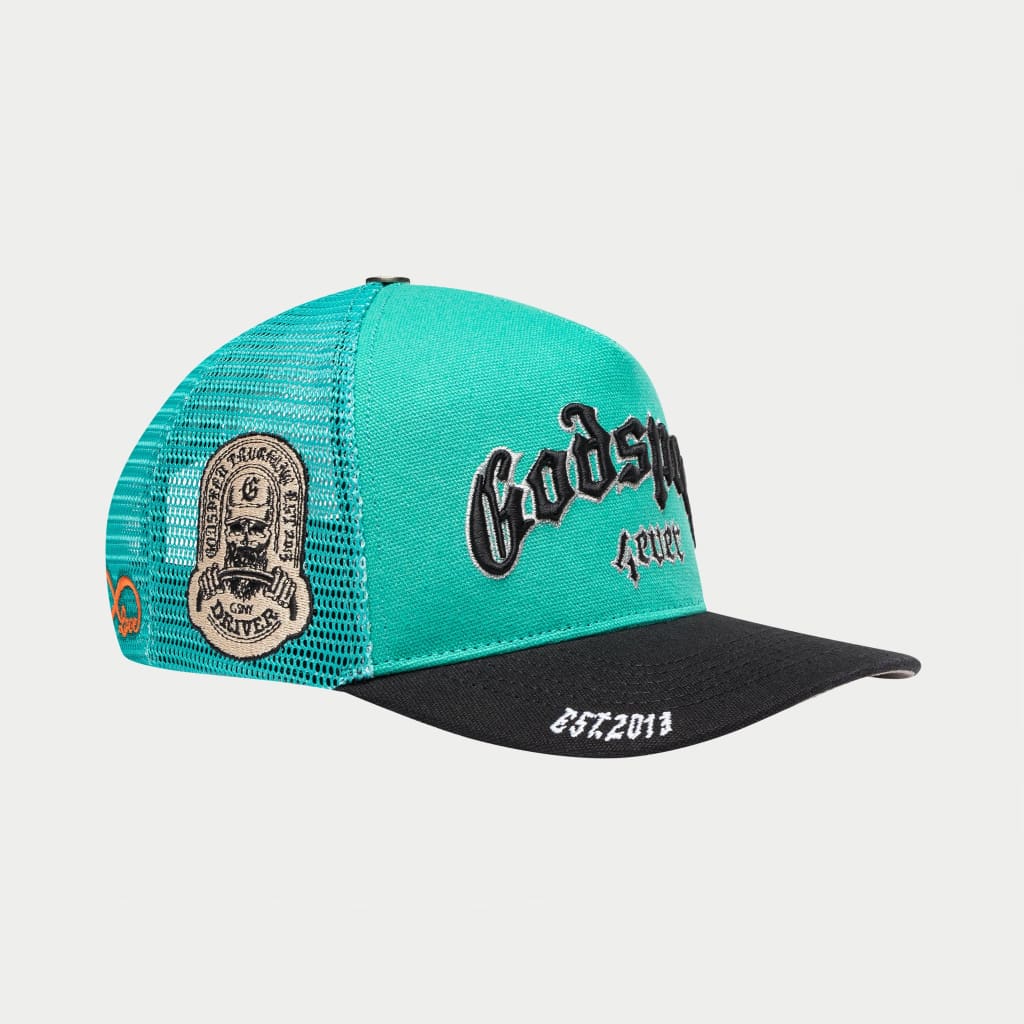 Teal or Turquoise and black cap with branding on a light gray background